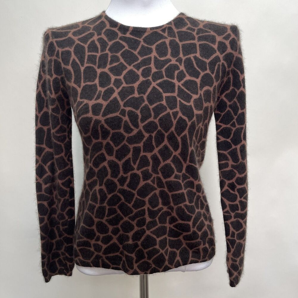 Mendocino‎ Women's Sweater Medium Brown Angora Rabbit Hair Nylon Giraffe Print
